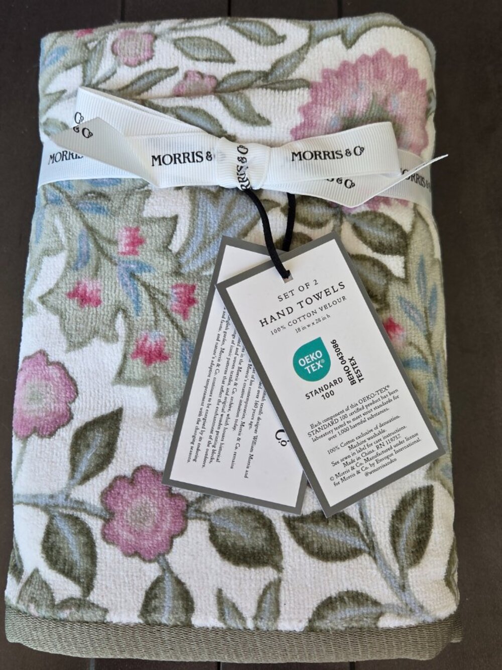 2 Morris & Co. William Morris Wilhelmina Velour HAND Towels Pink/Green NWT - Picture 3 of 6